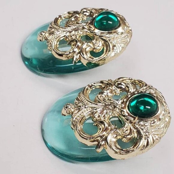 Etruscan Motif Acrylic and Gold-tone Earrings Large Statement - Picture 3 of 10